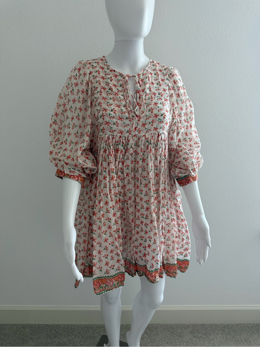 Daughters of India Kyra Cream Dress with Coral and Green Floral Print - Picture 2 of 9